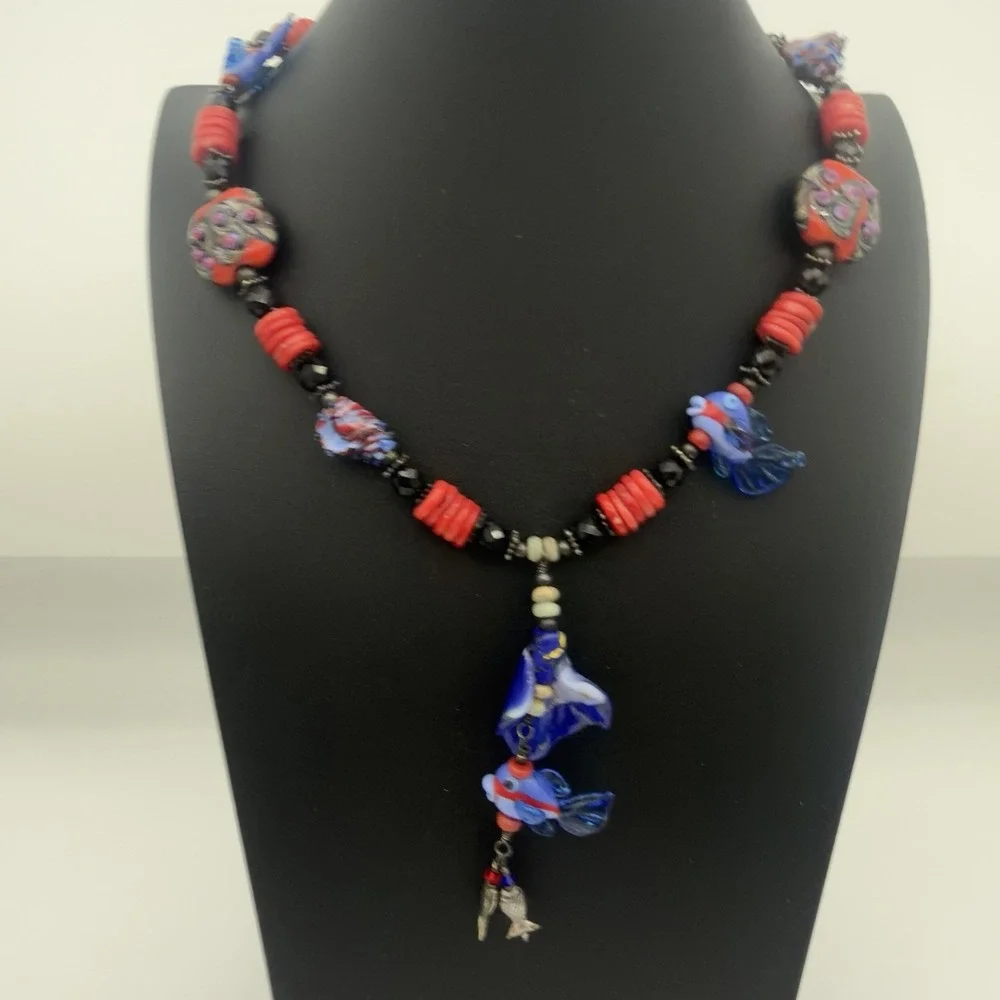 Vtg Sterling Silver Hand blow Glass Bead Necklace Fish Red Coral Y Drop Signed